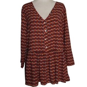 Entro Multicolor Geometric Print Peplum Blouse Long Sleeve Button Front Large